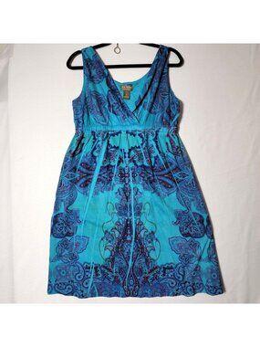Jane Ashley Sleeveless Dress Womens Sz M V-Neck Knee Length Blue Paisley